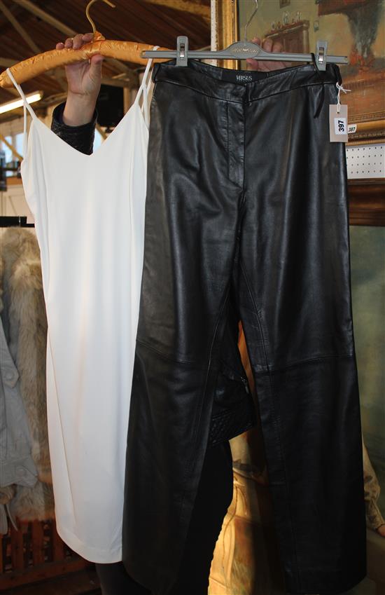 Versace Versus ivory knee-length dress, size 8 (2006) & a pair of Versace ladies black leather trousers